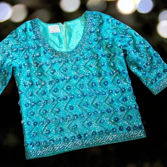 Vintage 60s Wool Beaded Sequin Sweater Back Zip Turquoise Silk-lined By Cavanagh
